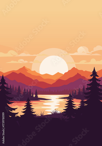 Vibrant Vector Illustration of a Serene Sunset Over Majestic Mountains and a Calm Lake, Framed by Tall Pine Trees, Perfect for a Peaceful Nature Design