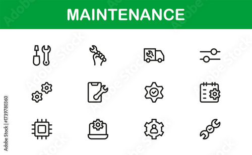 Maintenance Line Icon Set – Professional Vector Symbols for Tools, Repair, and Service – Modern Minimal Outline Icon Collection