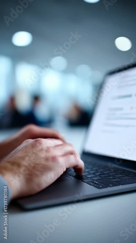 Hands typing on laptop keyboard in an office setting with people in the background during a productive workday