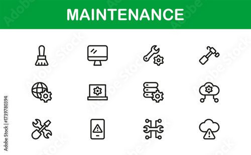 Maintenance Line Icon Set – Professional Vector Symbols for Tools, Repair, and Service – Modern Minimal Outline Icon Collection