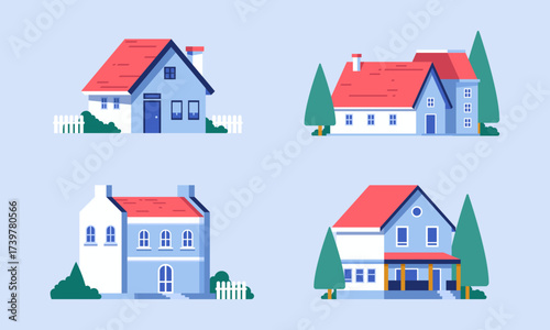 Colorful vector illustration of four houses with red roofs, modern flat design, real estate concept.