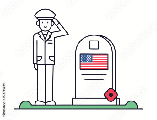 Memorial Day tribute of a soldier saluting a grave with flag