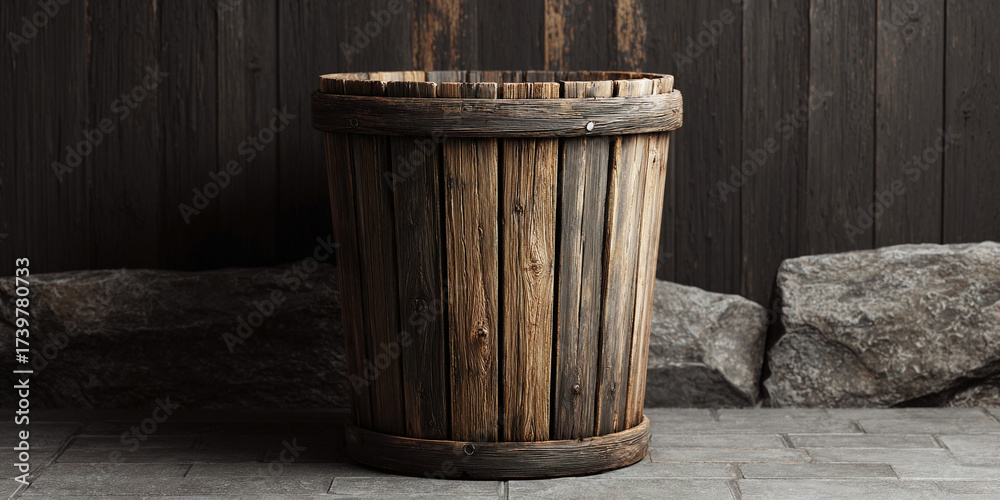 Obraz premium Wooden barrel rustic container on stone floor background - AI generated