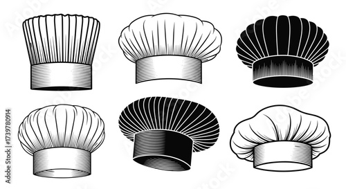 Various styles of chef hats shown in an illustration.