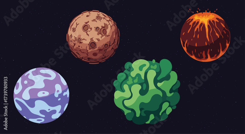 Four unique alien planets floating in outer space.