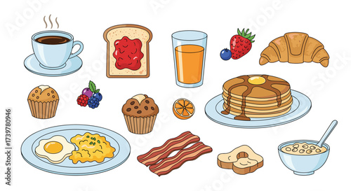 A delightful assortment of delicious breakfast foods displayed on a white background.