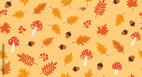 Autumn leaves acorns and mushrooms seamless pattern on a warm yellow background.