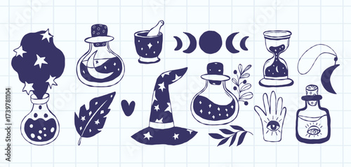 Magic and Mysticism, Symbols and occult elements, Witch Doodles. Textured Hand Drawn Set. Isolated Vector sketch Wizard Hat, Hourglass, Potion, Elixir, and Hand with Eye on checkered paper. Not AI