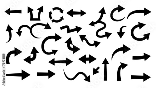 A collection of various black arrow silhouettes vector.