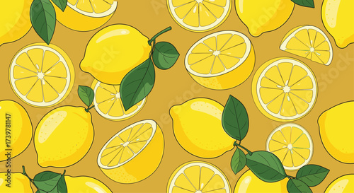 A vibrant collection of fresh lemons and their slices arranged on a warm yellow background.
