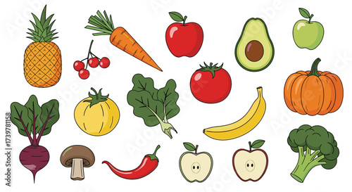 A vibrant collection of fresh fruits and vegetables including pineapple apples carrots and broccoli.