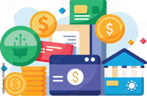 Vector finance and banking icons with coins credit cards and digital payments illustration