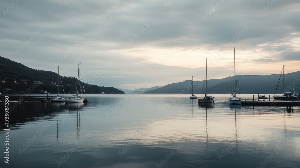 Obraz premium Scenic Harbor with sailboats floating peacefully on calm water