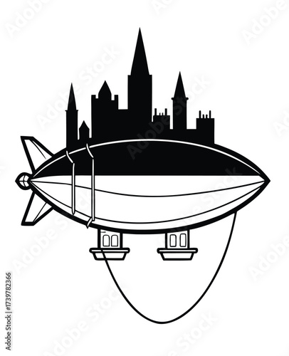Fantasy airship with castle silhouette a vector illustration design isolated