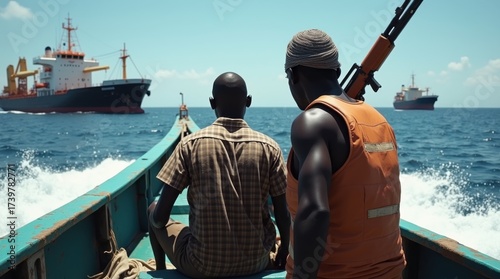 Modern day sea pirates attacking cargo ship, boat with armed men sails to bulk carrier. African people holding machine gun in ocean. Concept of piracy, security and somalia