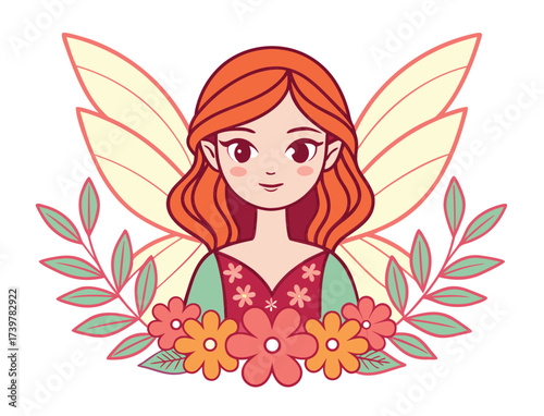 Cute cartoon fairy with orange hair and floral decorations isolated illustration