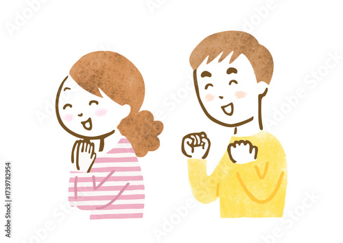 応援している様子の男女の上半身手描きイラスト