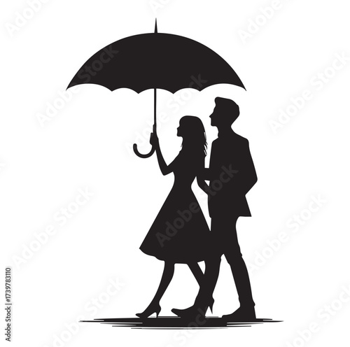 A Romantic couple holding umbrella silhouette and Vector