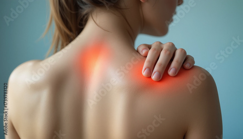 Woman suffering from shoulder pain inflammation muscle injury health problem concept