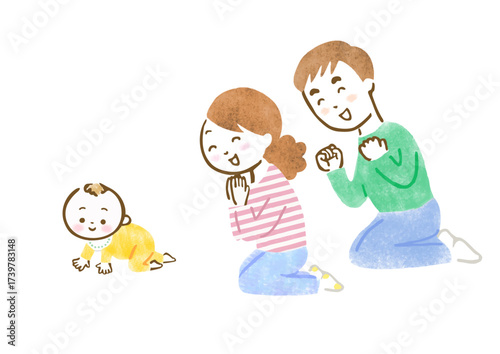 ハイハイする子供を見て喜ぶ両親の手描きイラスト