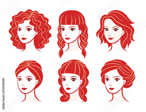 Collection of stylized female portraits with various hairstyles in red color