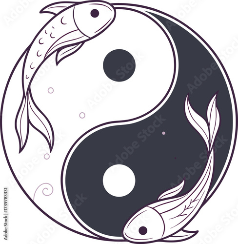 Elegant yin yang symbol with koi fish, representing balance, harmony, and duality in a simple, peaceful design suitable for various applications