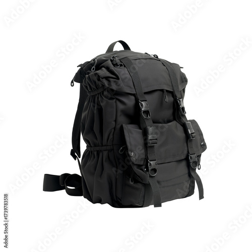 High-quality black backpack isolated on white background, professional stock photo