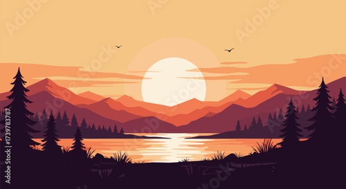 Serene Mountain Landscape at Sunset, showcasing a vibrant sky, still lake reflection, and silhouetted pine trees in a beautiful flat design illustration