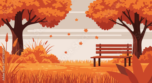Vector illustration of a tranquil autumn park landscape featuring a charming wooden bench under the embrace of vibrant trees and falling leaves, evoking peaceful contemplation
