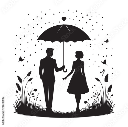 A Romantic couple holding umbrella silhouette and Vector