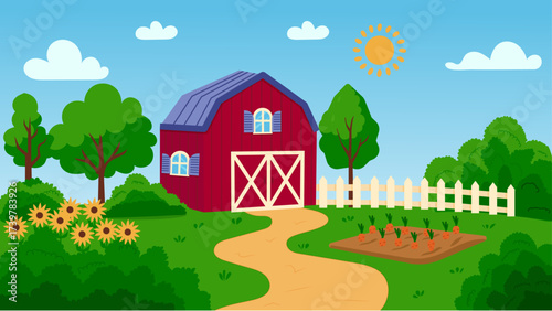Cartoon farm scene in nature with red barn and bed with carrot. Vector flat background