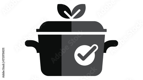 Cooking pot with lid and leaves, check mark icon isolated on white background featuring kitchen utensil, culinary preparation, stew recipe, broth, appliance, and food symbol.