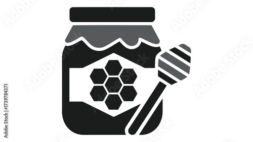 Honey jar with dipper icon isolated on white background featuring organic sweetener, golden syrup, nectar ingredient, wellness food, breakfast flavor, and natural dessert.
