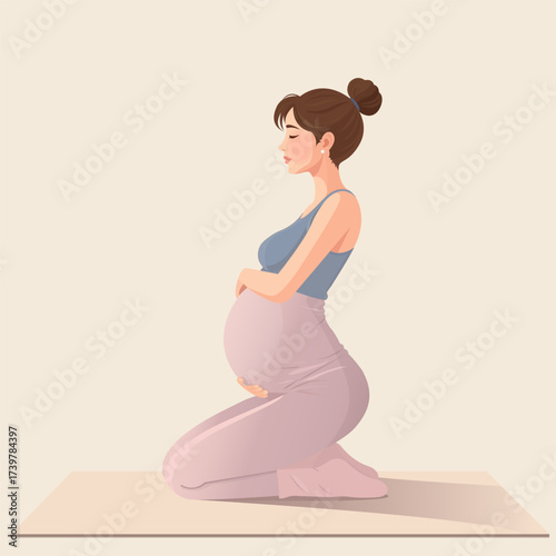 Pregnant Woman Meditating/Exercising Illustration: Calm Expectant Mother, Yoga, Pilates, Prenatal Wellness. Flat Design for Pregnancy, Health, Maternity, Self-Care Concepts.