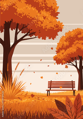Stylized autumnal park illustration with vibrant orange trees and a tranquil empty bench, capturing the serene beauty of the season's quiet beauty