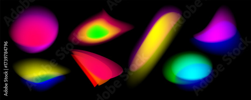 A set of abstract noisy gradient spots with a blurred watercolor mesh. Neon colored spots on a dark background. Vector illustration of drop-shaped shapes with a grainy texture for modern design and UI