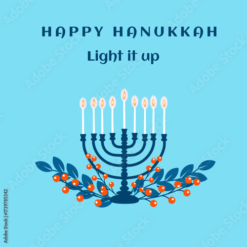 Happy Hanukkah Day template. Greeting card with the image of a Menorah with leaves and berries on a light background. Vector illustration