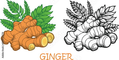 Seamless repeatable pattern with ginger plant, hand drawn vector illustration.