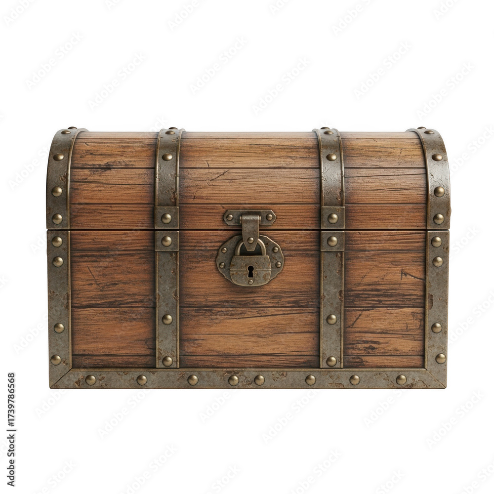 Fototapeta premium Antique wooden treasure chest with metal accents, old pirate box, vintage trunk, storage container, decorative box, isolated on transparent background