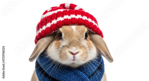 rabbit wearing a winter hat and scarf, on a solid white background