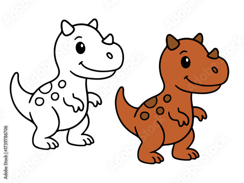 Cute cartoon horned dinosaur with small horns/crests, standing next to its black and white outline for coloring book, sticker, or printable design. Kids prehistoric fun theme.