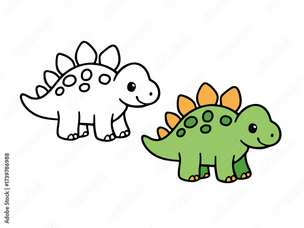 Obraz premium Cute cartoon Stegosaurus character in green with orange back plates and spots, standing next to its black and white outline for coloring book, sticker, or printable design. Dinosaur theme.