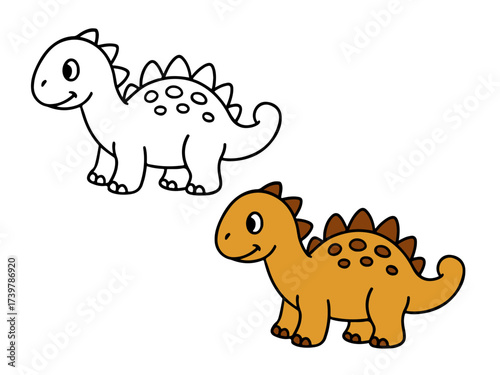 Cute cartoon armored or spiky dinosaur character in brown and orange, standing next to its black and white outline for coloring book, sticker, or printable design. Kids theme.