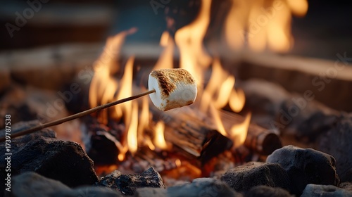 A close-up, low-angle shot of a marshmallow on a stick being toasted over a bright, blazing campfire, which is surrounded by rocks.