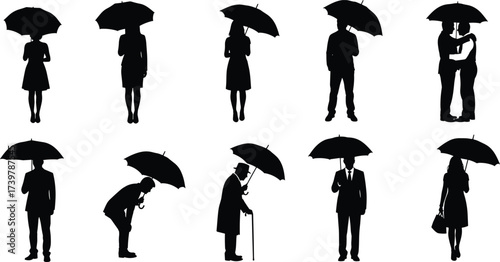 Umbrella people silhouettes, black vector set, standing and walking poses, rainy day clipart, isolated human graphics, lifestyle icons