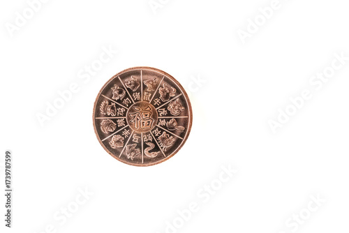 Copper round bullion coin  chinese zodiac lunar symbols pig dragon tiger snake rooster rabbit horse rat goat dog monkey ox