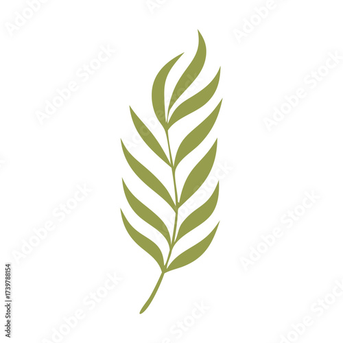 Fresh green leaves and a single bamboo leaf are isolated on a white background, depicting natural plant growth and spring environment for a floral eco icon