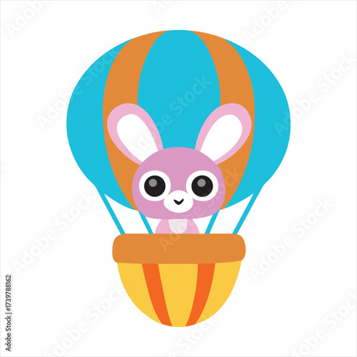 Cute Cartoon Bunny in Hot Air Balloon Isolated on White Background