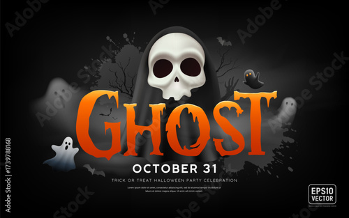 Happy Halloween ghost orange text, Scary skull ghost, poster banner design on black background, Eps 10 vector illustration