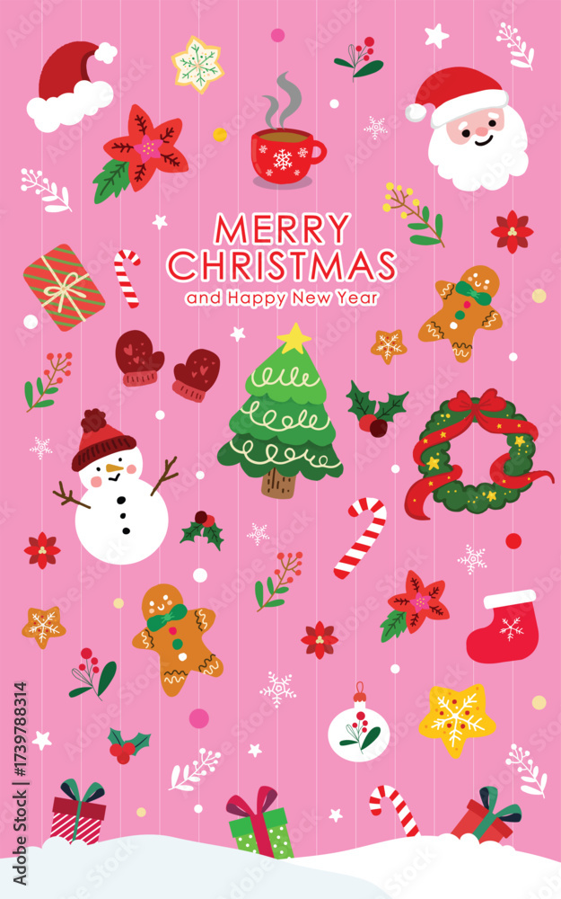 Naklejka premium Merry Christmas Collection of Cute Holiday Characters and Elements , Cute Christmas and New Year Vector Doodles on Pink Holiday Background, Greeting Card Template